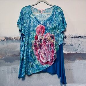 LEOMA LOVEGROVE Tunic Top Tropical Flamingo Stretch Asymmetrical‎ Colorful Sz XL